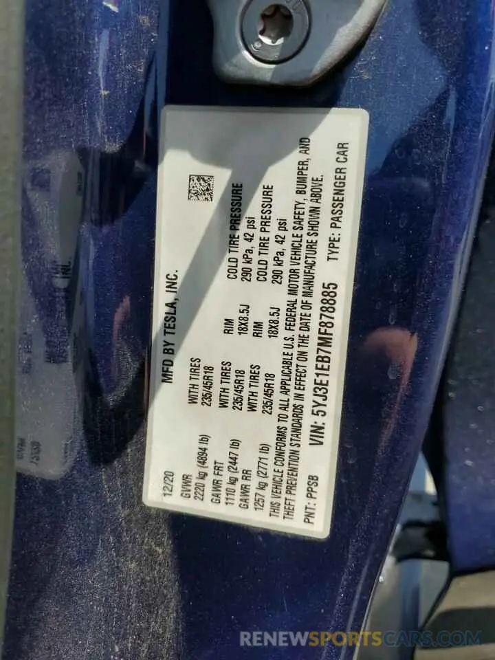 13 Photograph of a damaged car 5YJ3E1EB7MF878885 TESLA MODEL 3 2021