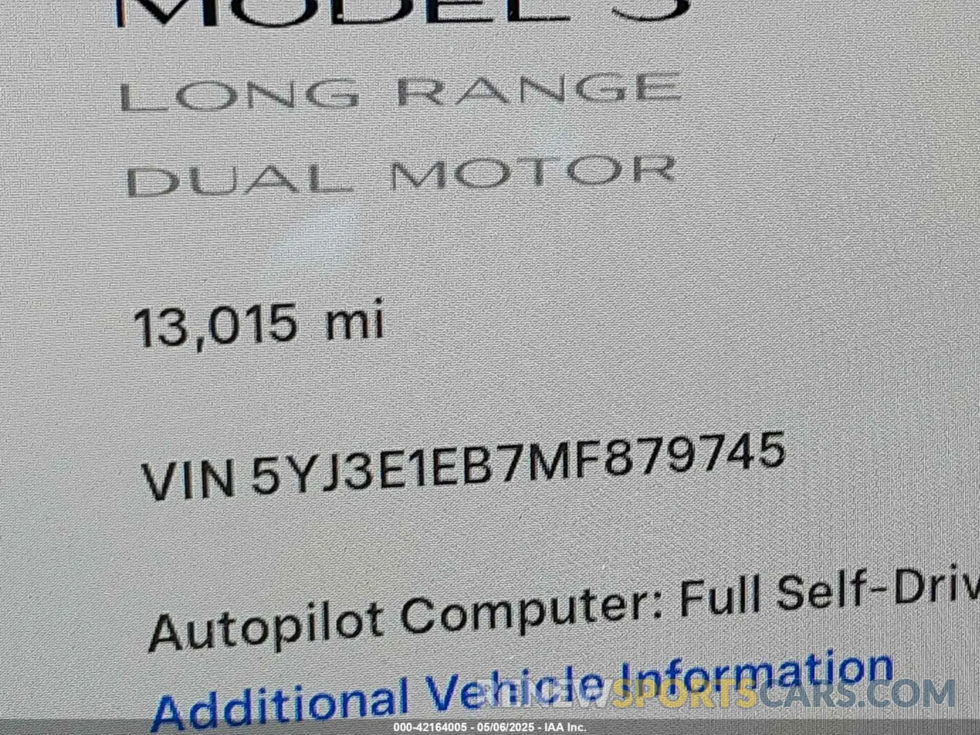 16 Фотография поврежденного автомобиля 5YJ3E1EB7MF879745 TESLA MODEL 3 2021