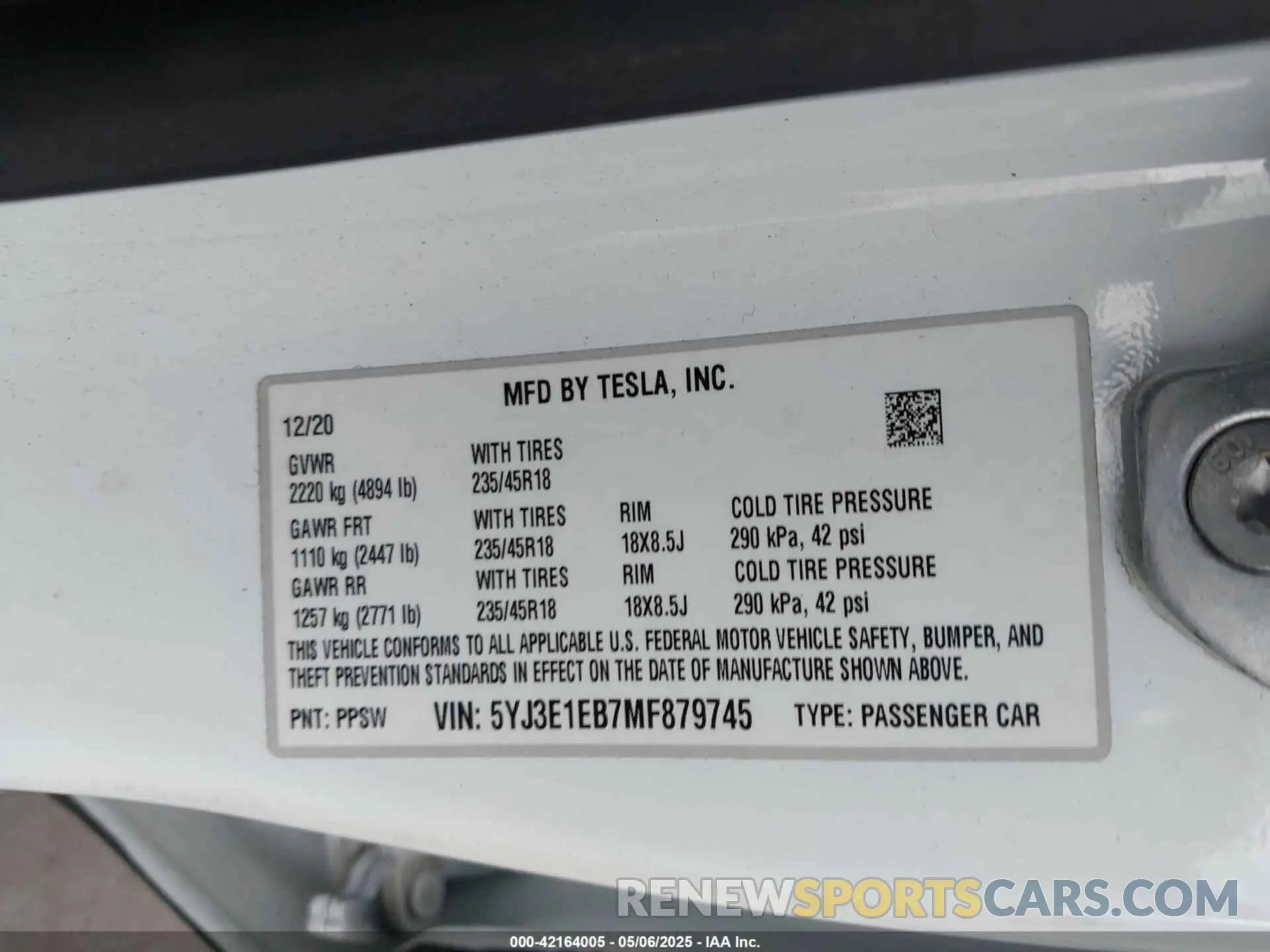 9 Фотография поврежденного автомобиля 5YJ3E1EB7MF879745 TESLA MODEL 3 2021