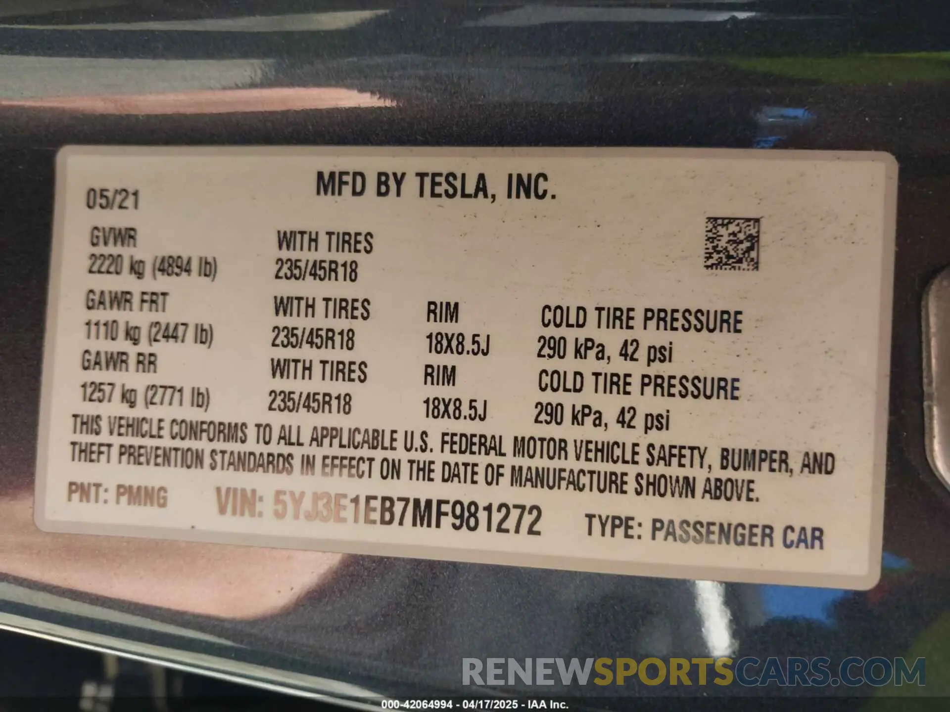 9 Фотография поврежденного автомобиля 5YJ3E1EB7MF981272 TESLA MODEL 3 2021