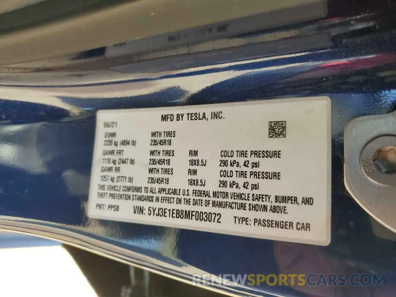 12 Фотография поврежденного автомобиля 5YJ3E1EB8MF003072 TESLA MODEL 3 2021