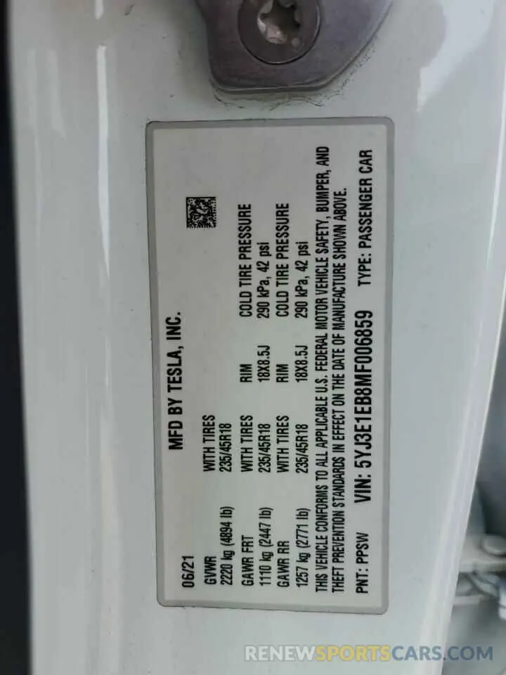 12 Фотография поврежденного автомобиля 5YJ3E1EB8MF006859 TESLA MODEL 3 2021