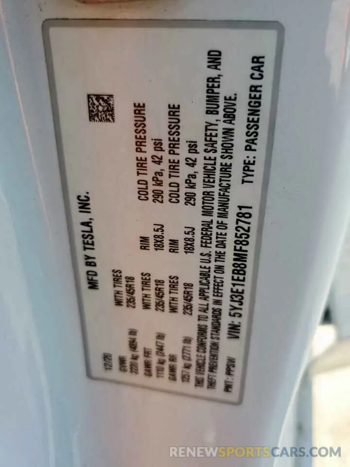14 Фотография поврежденного автомобиля 5YJ3E1EB8MF852781 TESLA MODEL 3 2021