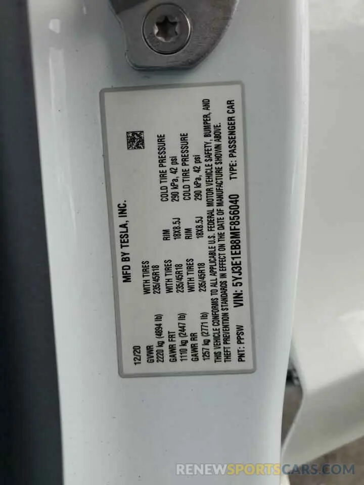12 Photograph of a damaged car 5YJ3E1EB8MF856040 TESLA MODEL 3 2021