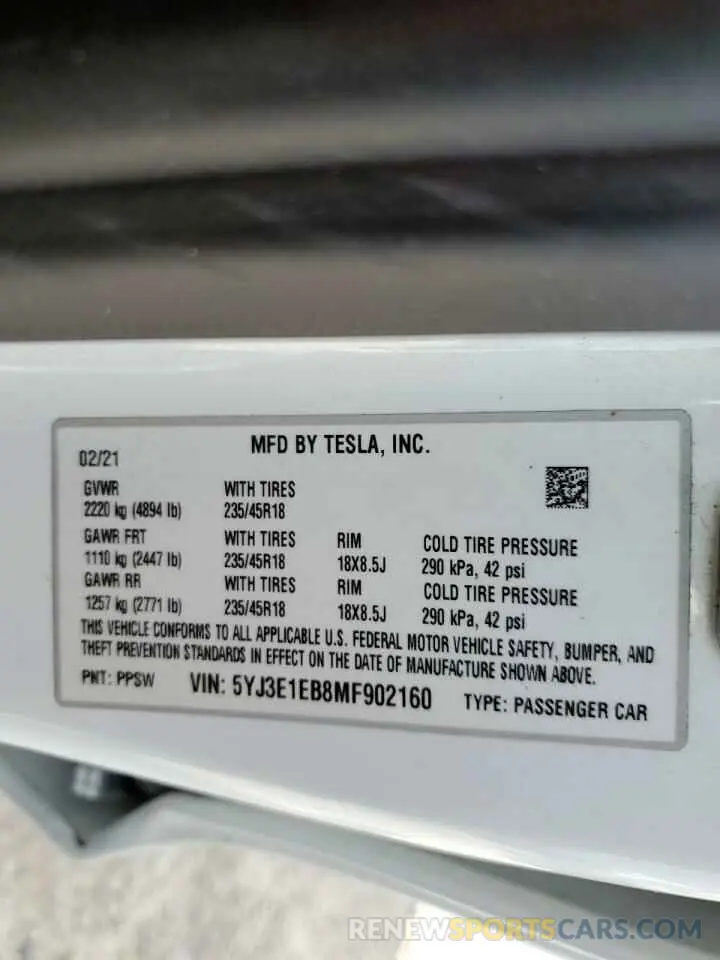 13 Фотография поврежденного автомобиля 5YJ3E1EB8MF902160 TESLA MODEL 3 2021