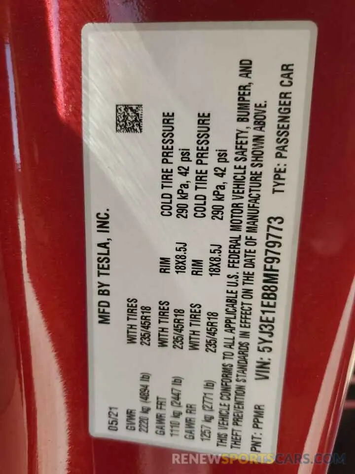 12 Photograph of a damaged car 5YJ3E1EB8MF979773 TESLA MODEL 3 2021
