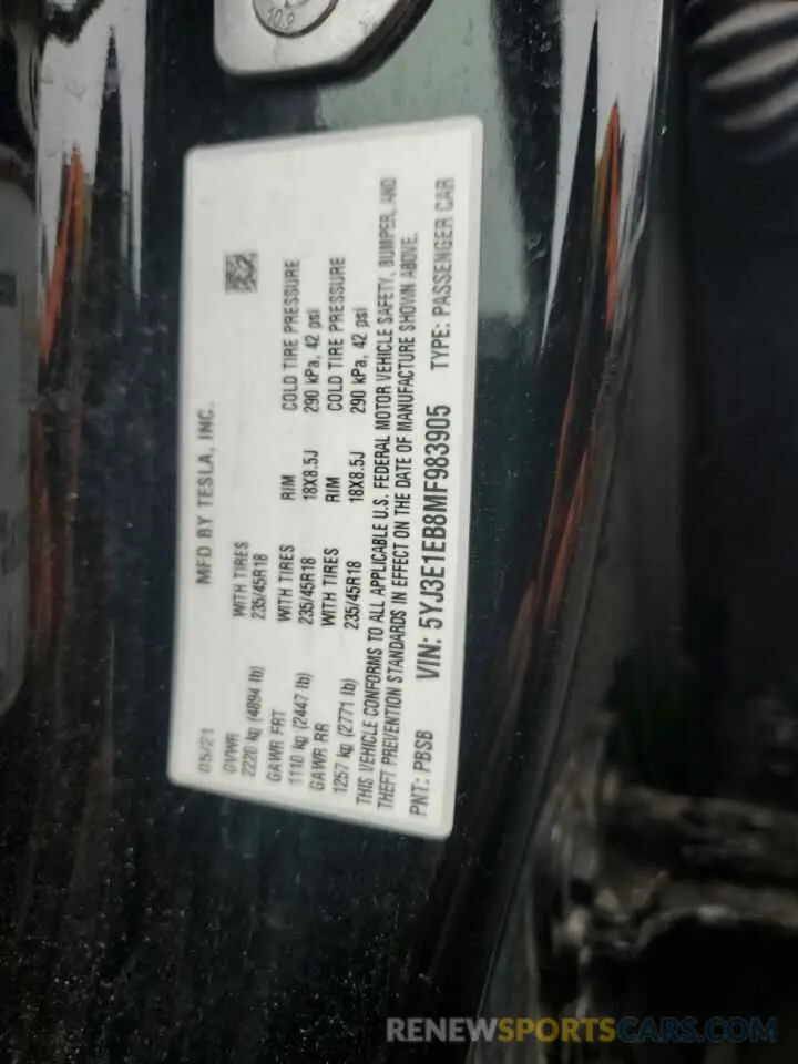 14 Фотография поврежденного автомобиля 5YJ3E1EB8MF983905 TESLA MODEL 3 2021