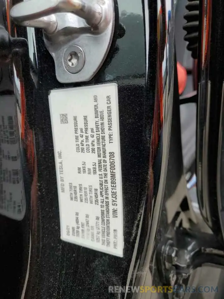 12 Фотография поврежденного автомобиля 5YJ3E1EB9MF006708 TESLA MODEL 3 2021