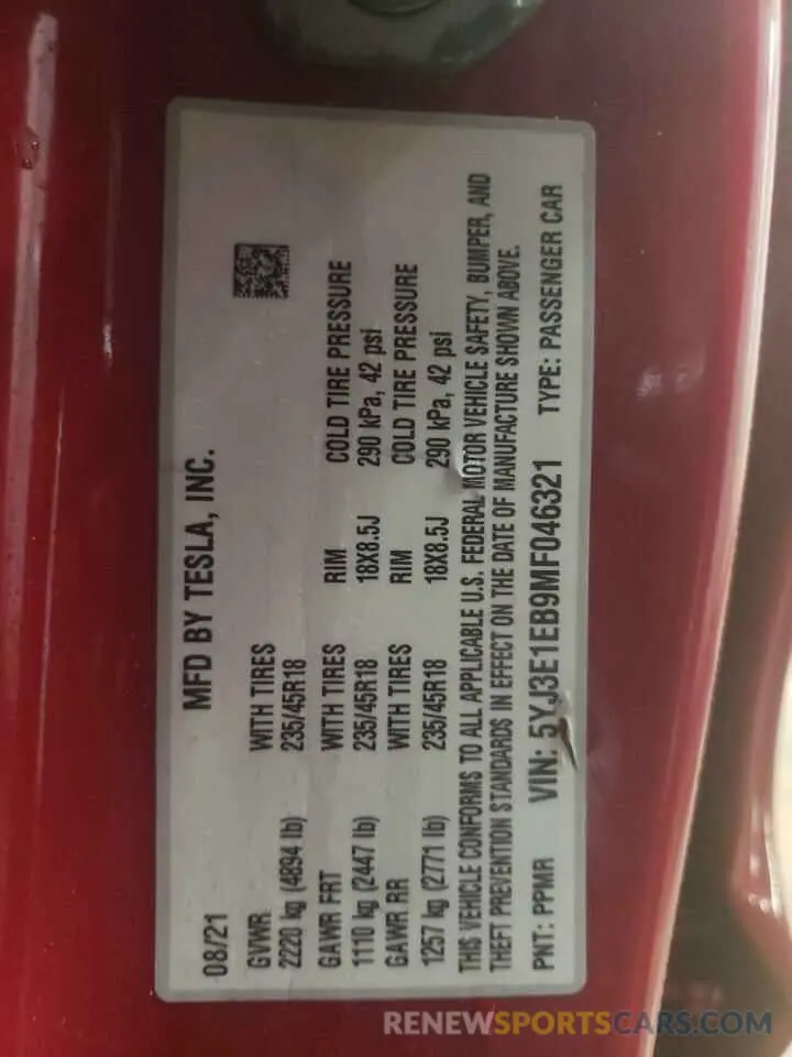12 Photograph of a damaged car 5YJ3E1EB9MF046321 TESLA MODEL 3 2021