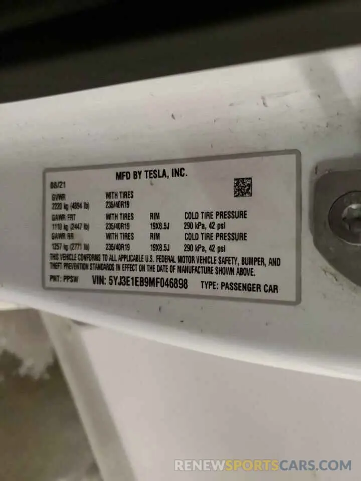 12 Фотография поврежденного автомобиля 5YJ3E1EB9MF046898 TESLA MODEL 3 2021