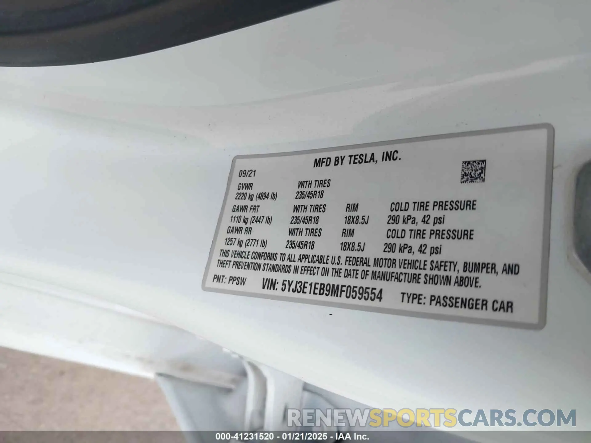 9 Фотография поврежденного автомобиля 5YJ3E1EB9MF059554 TESLA MODEL 3 2021