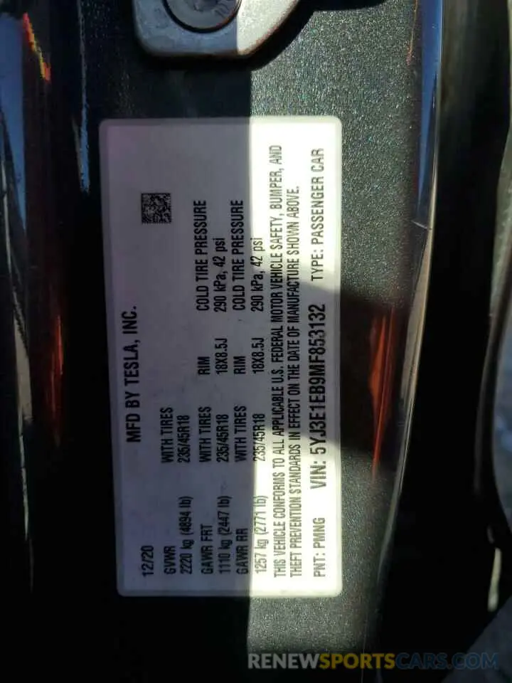 12 Фотография поврежденного автомобиля 5YJ3E1EB9MF853132 TESLA MODEL 3 2021