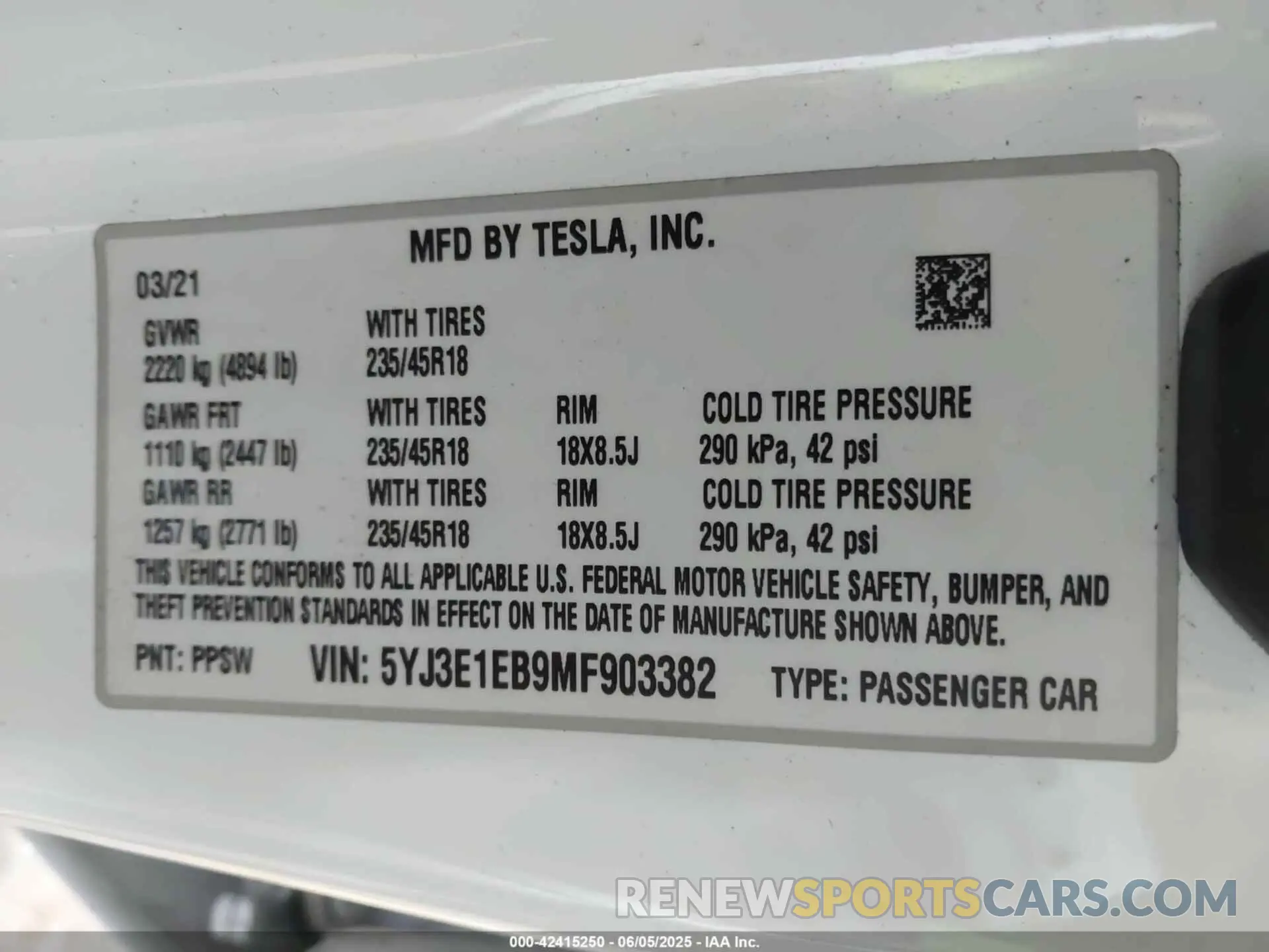 9 Фотография поврежденного автомобиля 5YJ3E1EB9MF903382 TESLA MODEL 3 2021