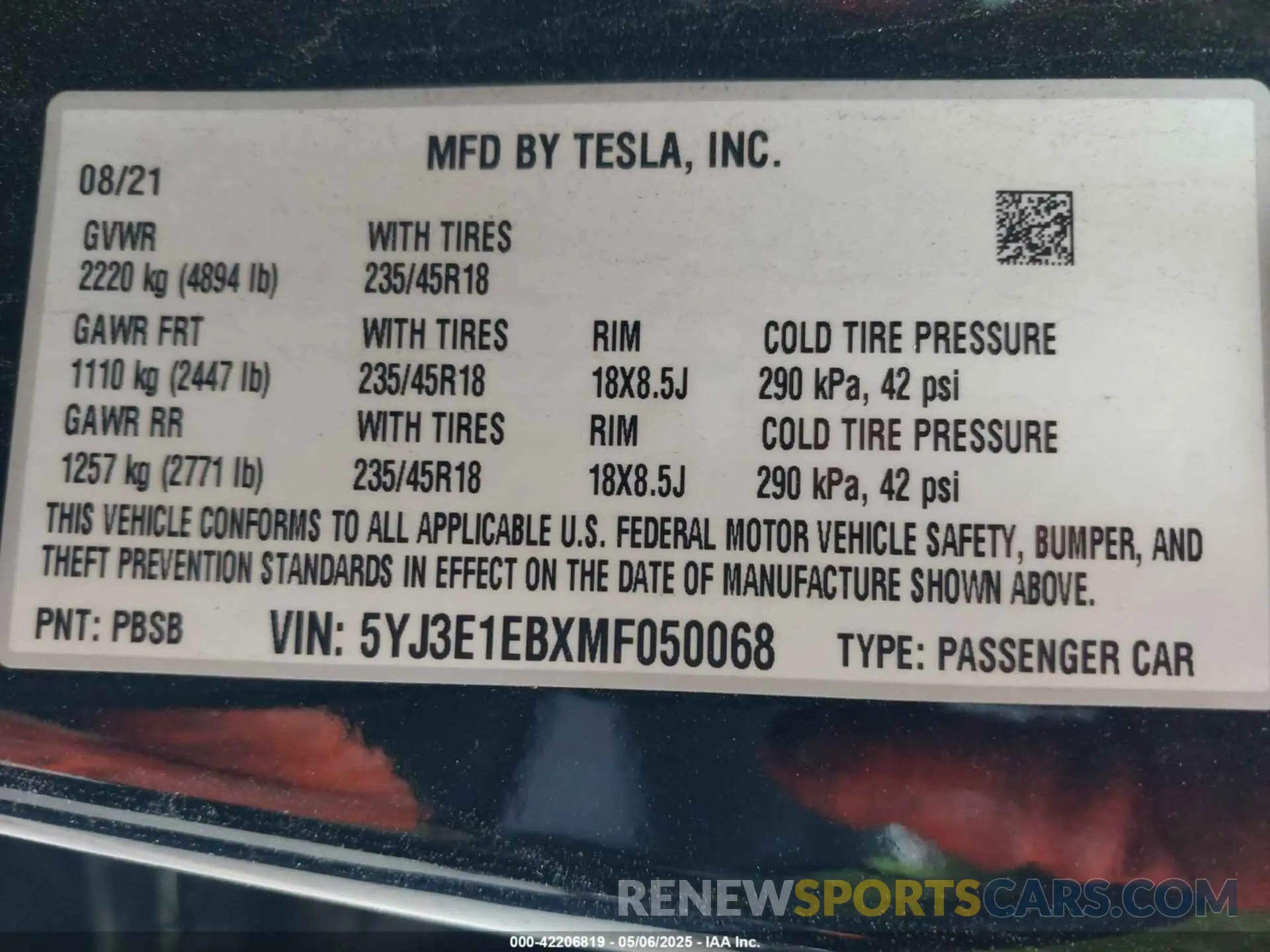9 Фотография поврежденного автомобиля 5YJ3E1EBXMF050068 TESLA MODEL 3 2021