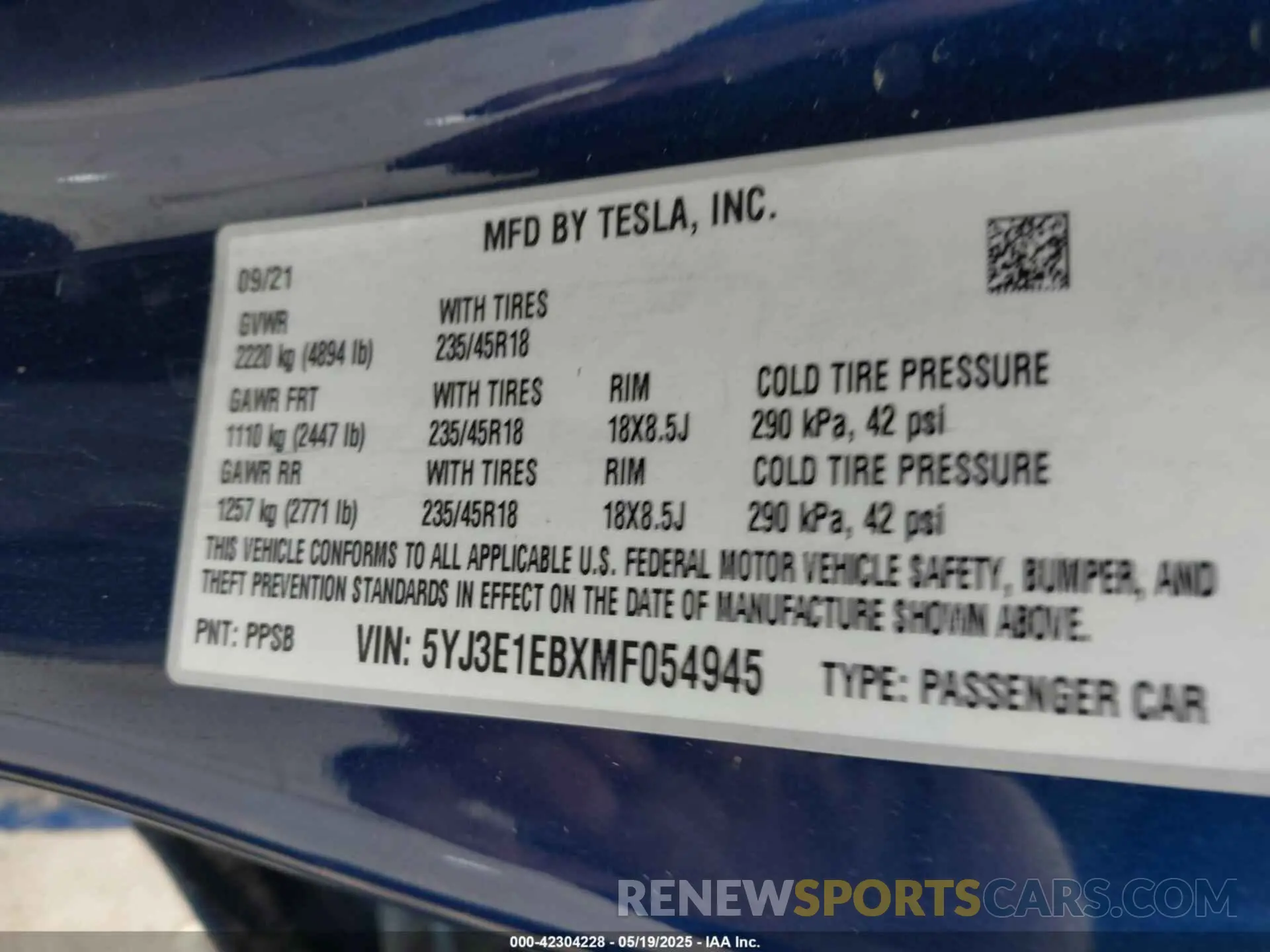 9 Фотография поврежденного автомобиля 5YJ3E1EBXMF054945 TESLA MODEL 3 2021