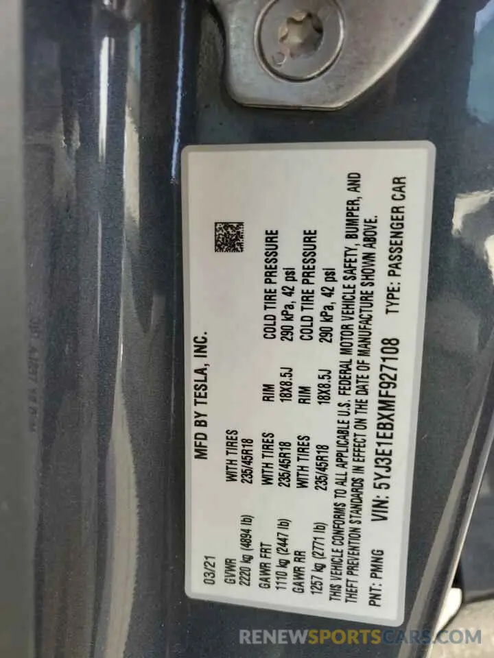 12 Photograph of a damaged car 5YJ3E1EBXMF927108 TESLA MODEL 3 2021