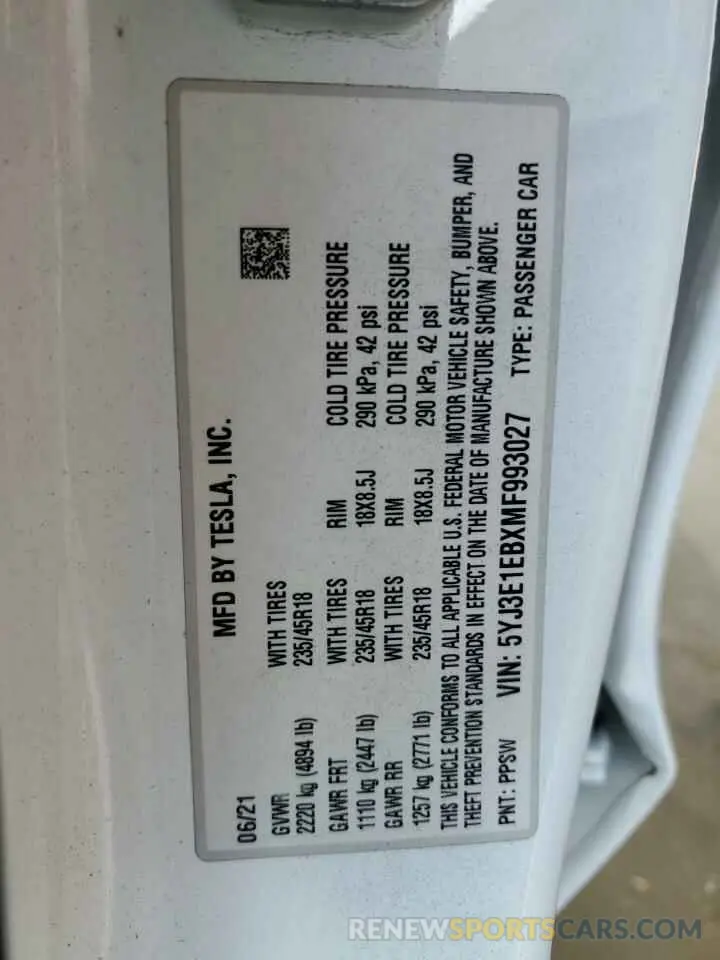 13 Photograph of a damaged car 5YJ3E1EBXMF993027 TESLA MODEL 3 2021