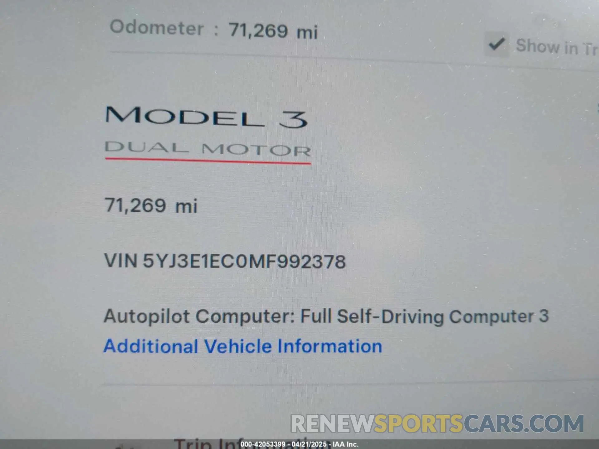 14 Фотография поврежденного автомобиля 5YJ3E1EC0MF992378 TESLA MODEL 3 2021