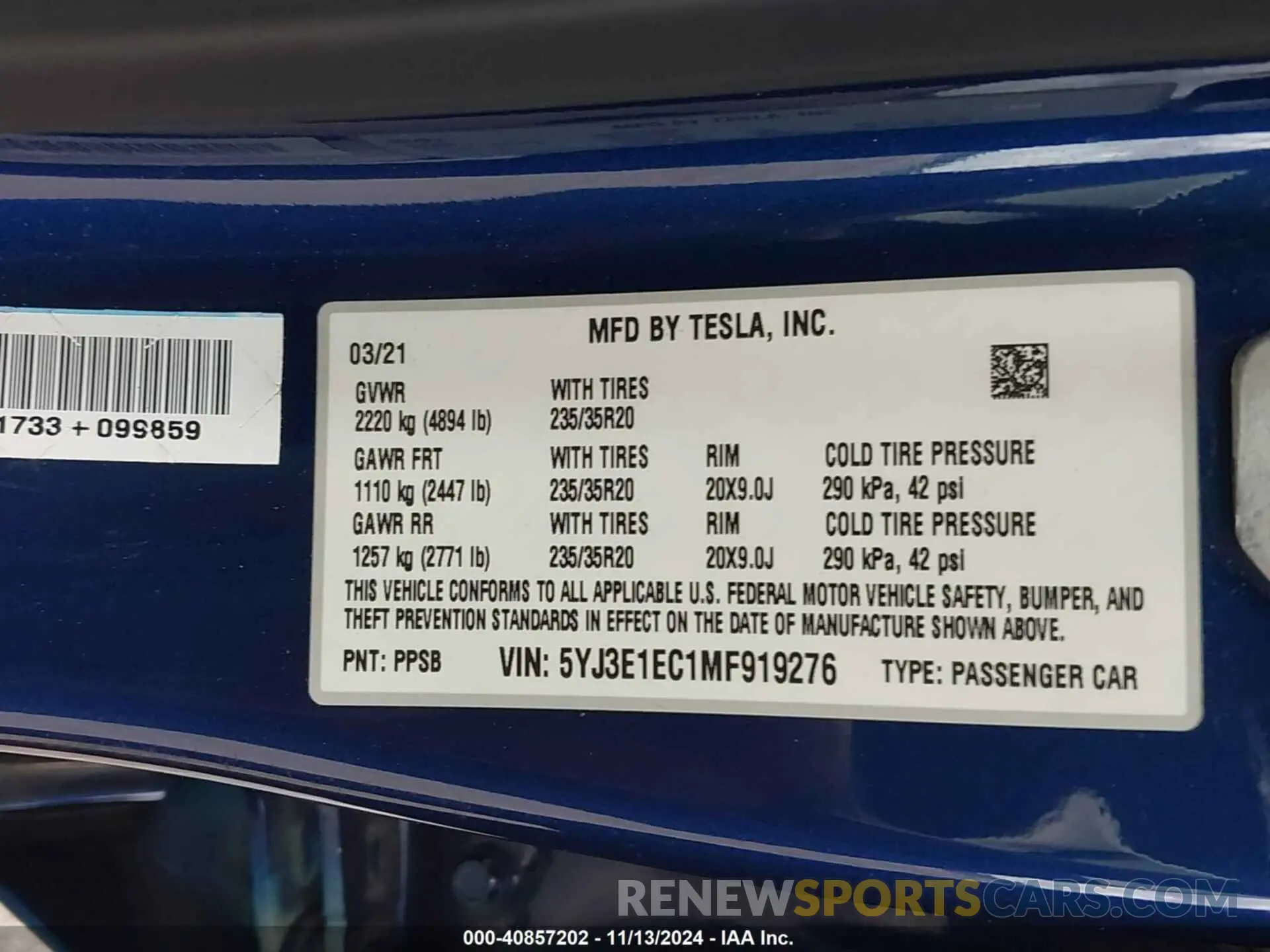 9 Фотография поврежденного автомобиля 5YJ3E1EC1MF919276 TESLA MODEL 3 2021