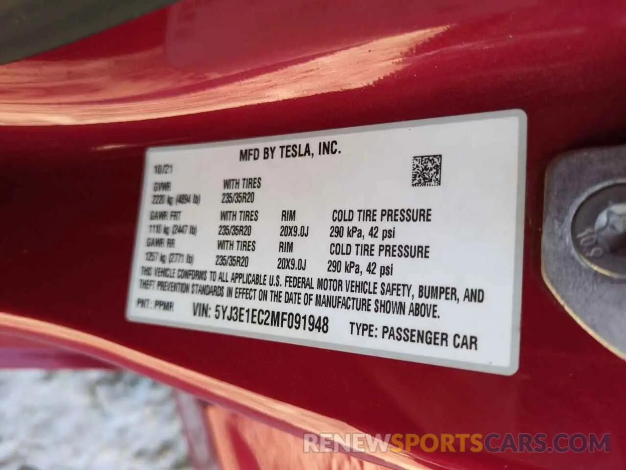 12 Фотография поврежденного автомобиля 5YJ3E1EC2MF091948 TESLA MODEL 3 2021