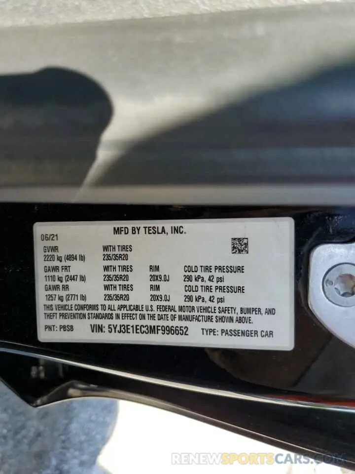12 Фотография поврежденного автомобиля 5YJ3E1EC3MF996652 TESLA MODEL 3 2021