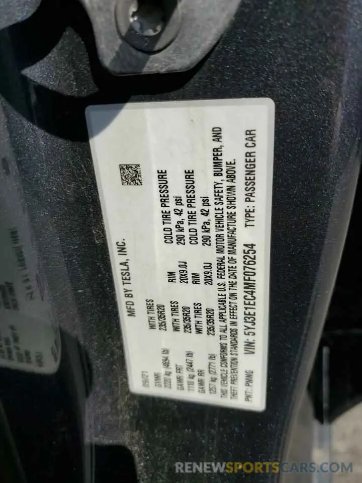 12 Фотография поврежденного автомобиля 5YJ3E1EC4MF076254 TESLA MODEL 3 2021