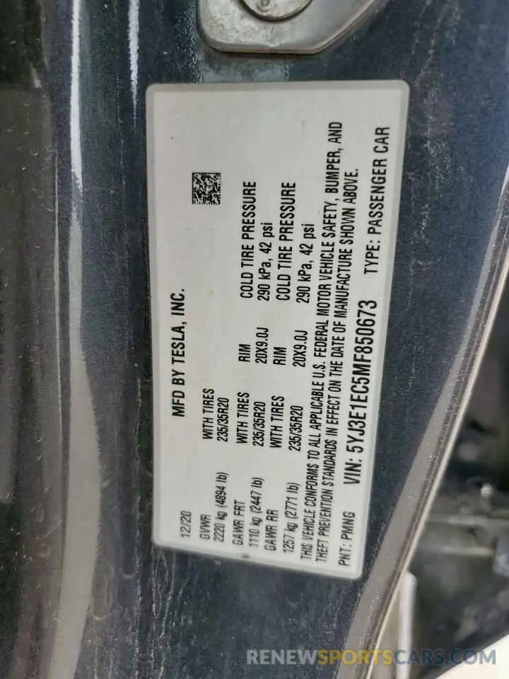 14 Фотография поврежденного автомобиля 5YJ3E1EC5MF850673 TESLA MODEL 3 2021