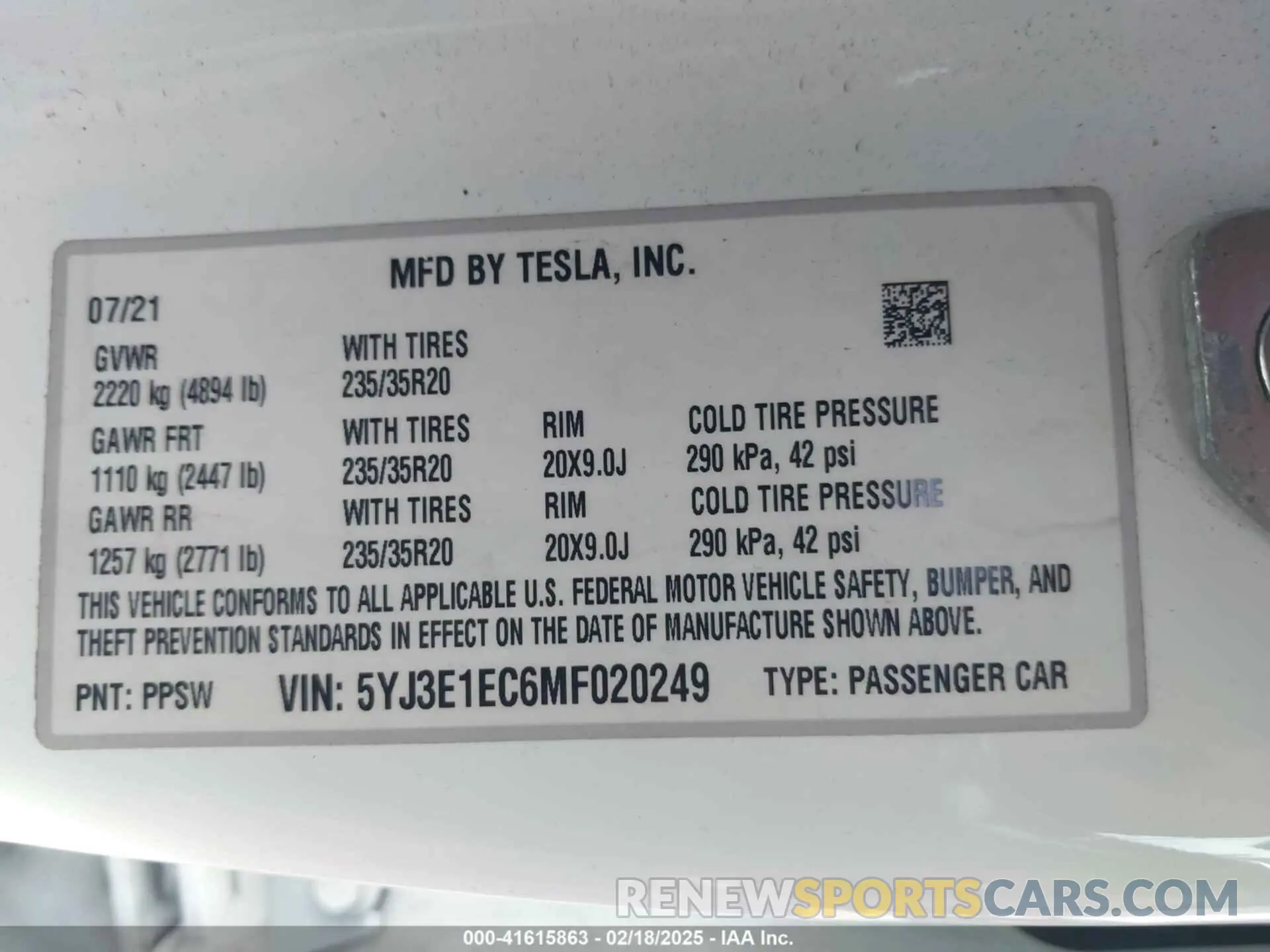 8 Фотография поврежденного автомобиля 5YJ3E1EC6MF020249 TESLA MODEL 3 2021