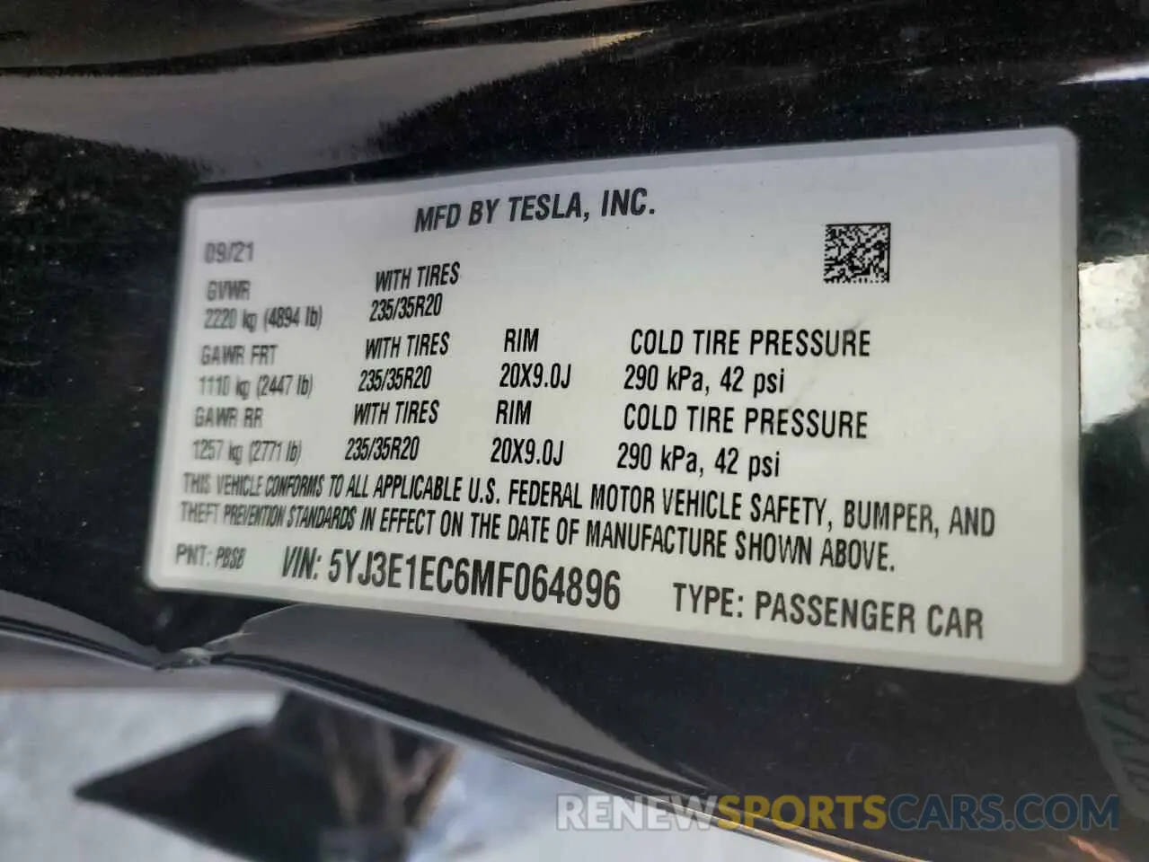 14 Фотография поврежденного автомобиля 5YJ3E1EC6MF064896 TESLA MODEL 3 2021