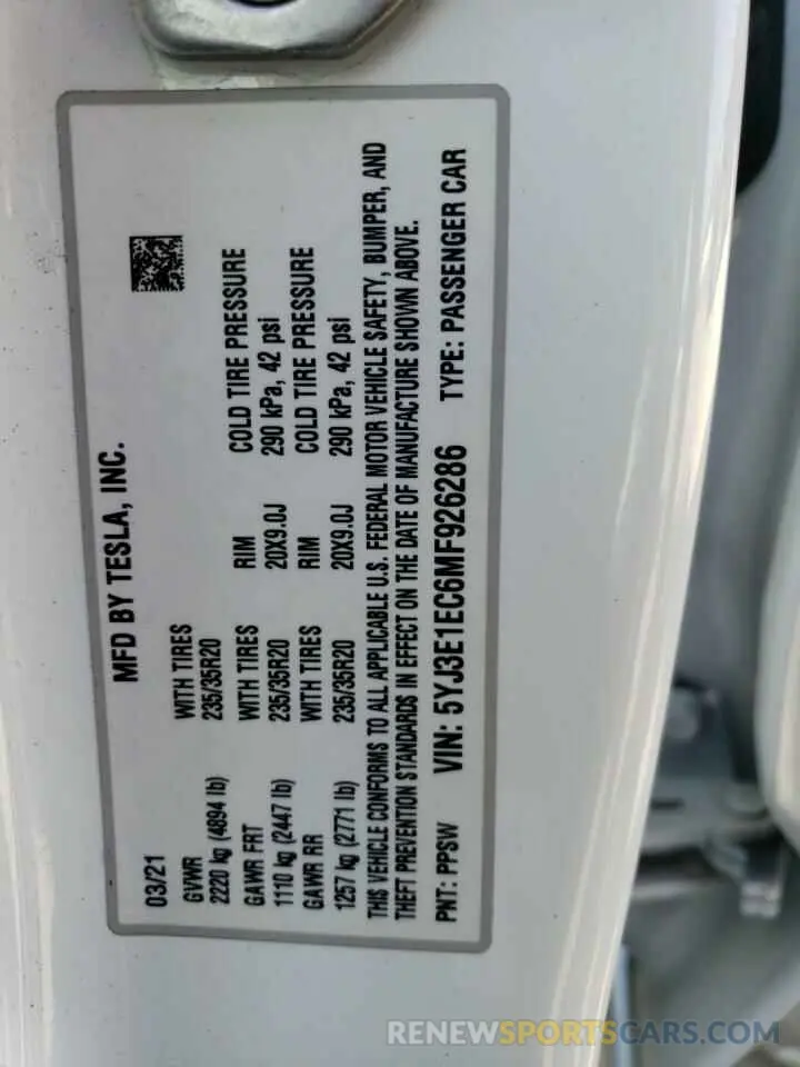 12 Фотография поврежденного автомобиля 5YJ3E1EC6MF926286 TESLA MODEL 3 2021