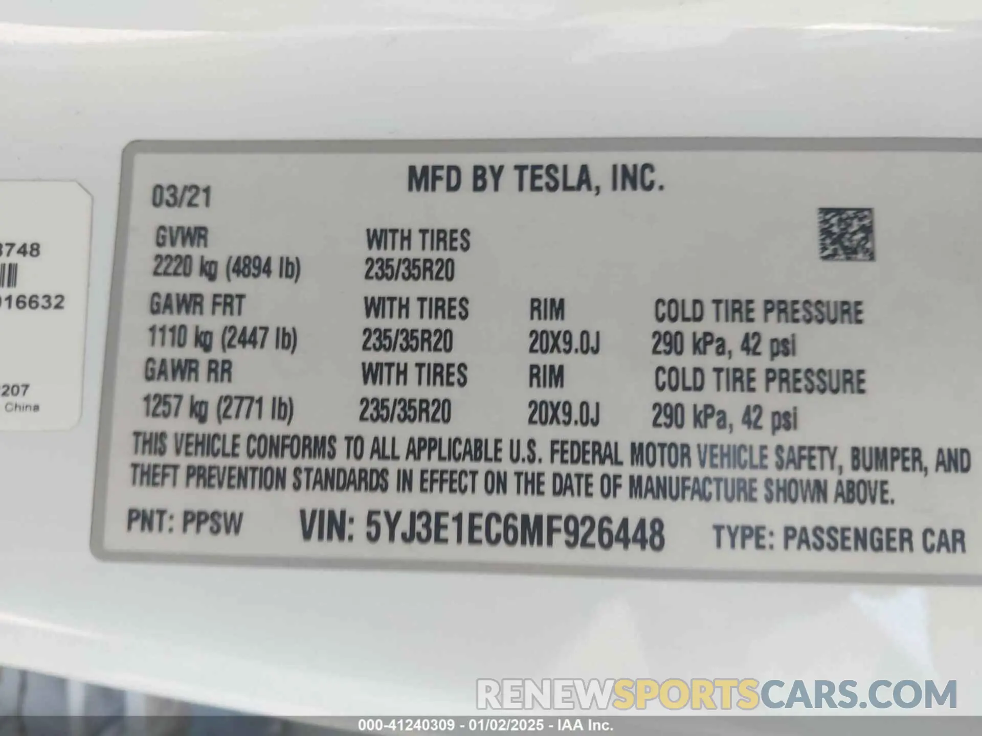 9 Photograph of a damaged car 5YJ3E1EC6MF926448 TESLA MODEL 3 2021