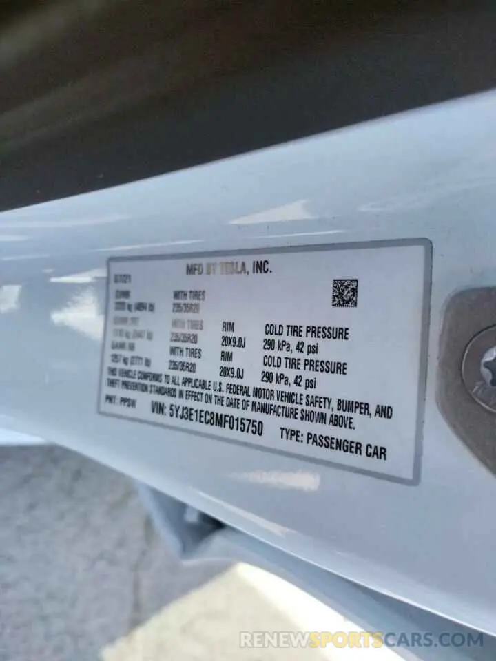 10 Photograph of a damaged car 5YJ3E1EC8MF015750 TESLA MODEL 3 2021