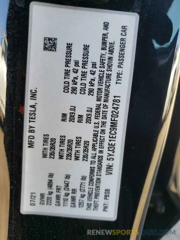 12 Photograph of a damaged car 5YJ3E1EC9MF024781 TESLA MODEL 3 2021
