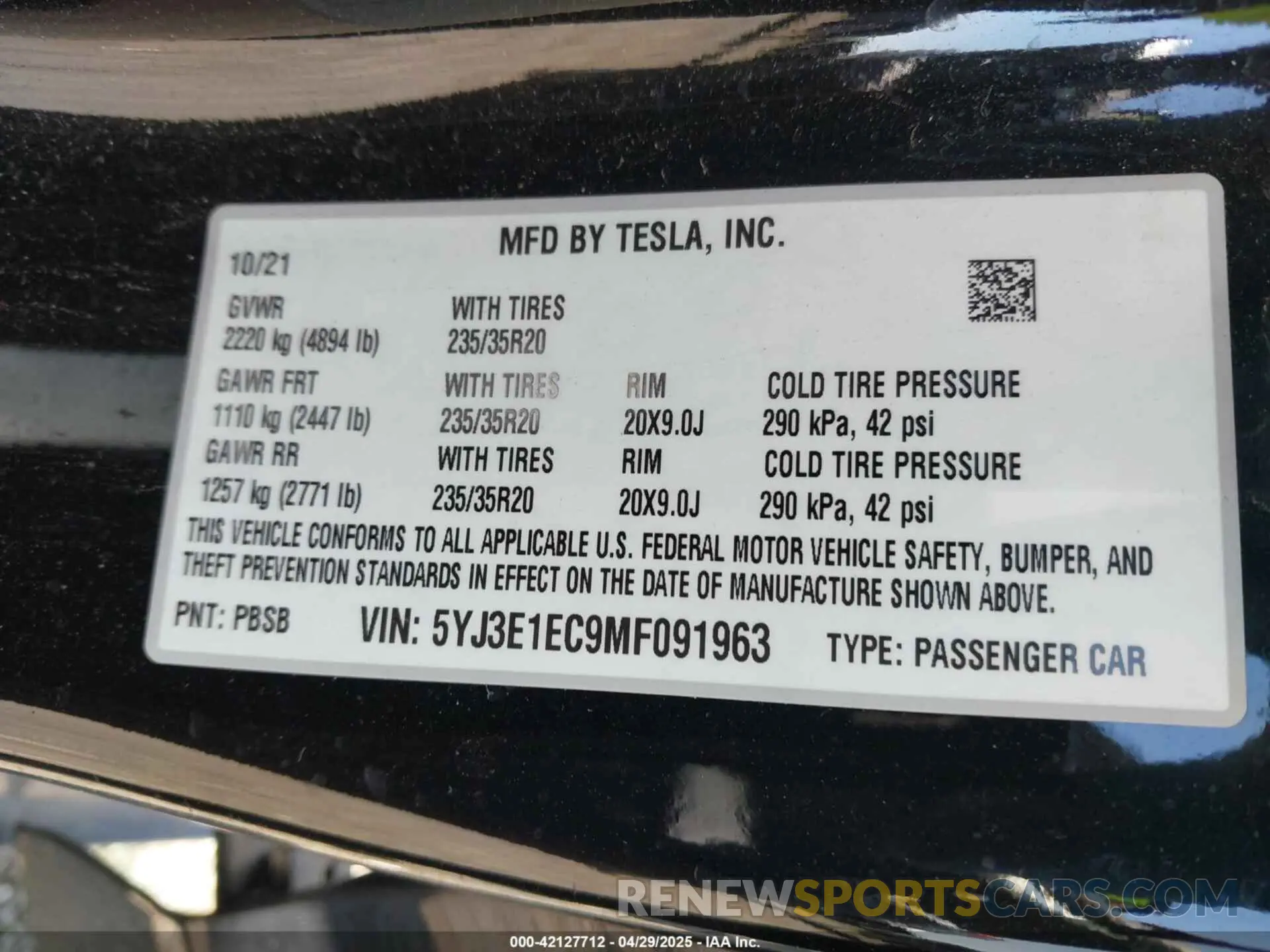 9 Фотография поврежденного автомобиля 5YJ3E1EC9MF091963 TESLA MODEL 3 2021