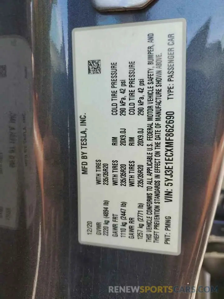 12 Фотография поврежденного автомобиля 5YJ3E1ECXMF862690 TESLA MODEL 3 2021