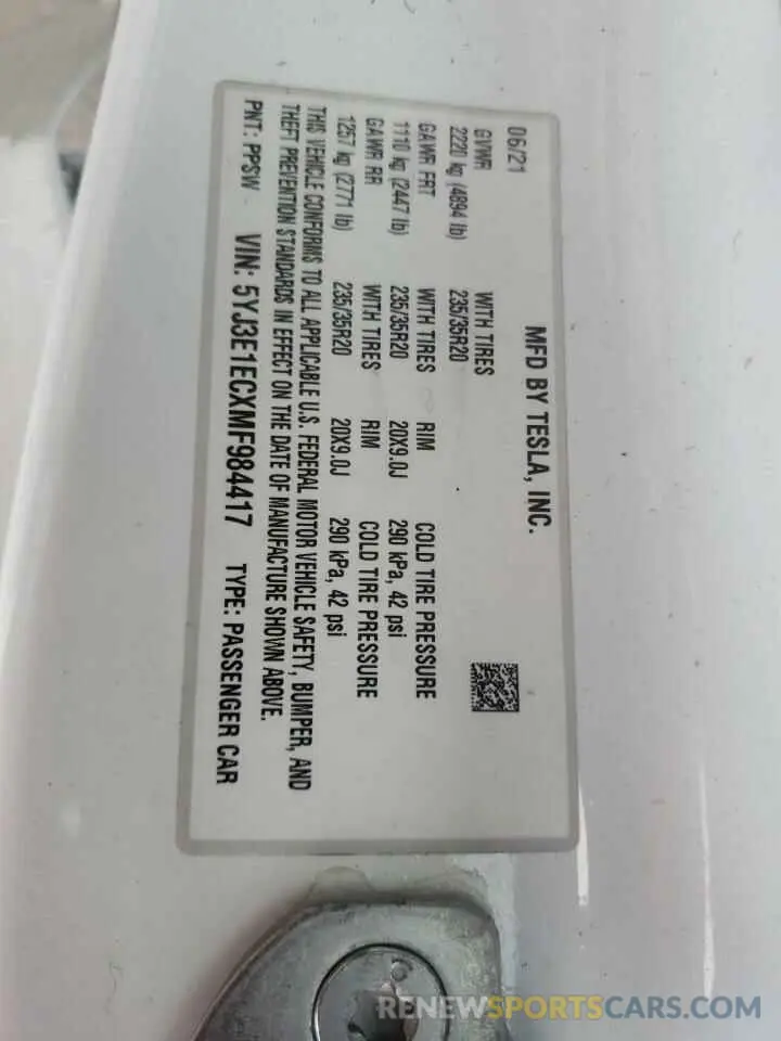 12 Фотография поврежденного автомобиля 5YJ3E1ECXMF984417 TESLA MODEL 3 2021