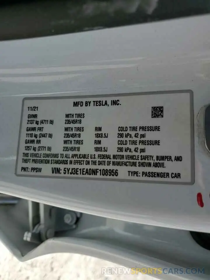 12 Photograph of a damaged car 5YJ3E1EA0NF108956 TESLA MODEL 3 2022