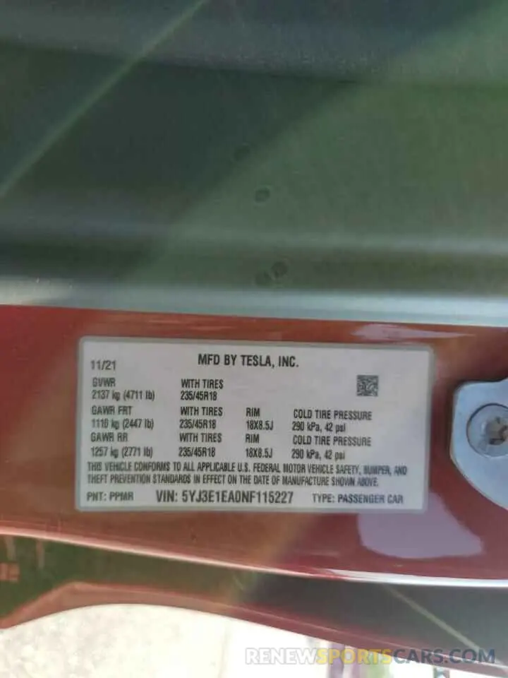 12 Photograph of a damaged car 5YJ3E1EA0NF115227 TESLA MODEL 3 2022