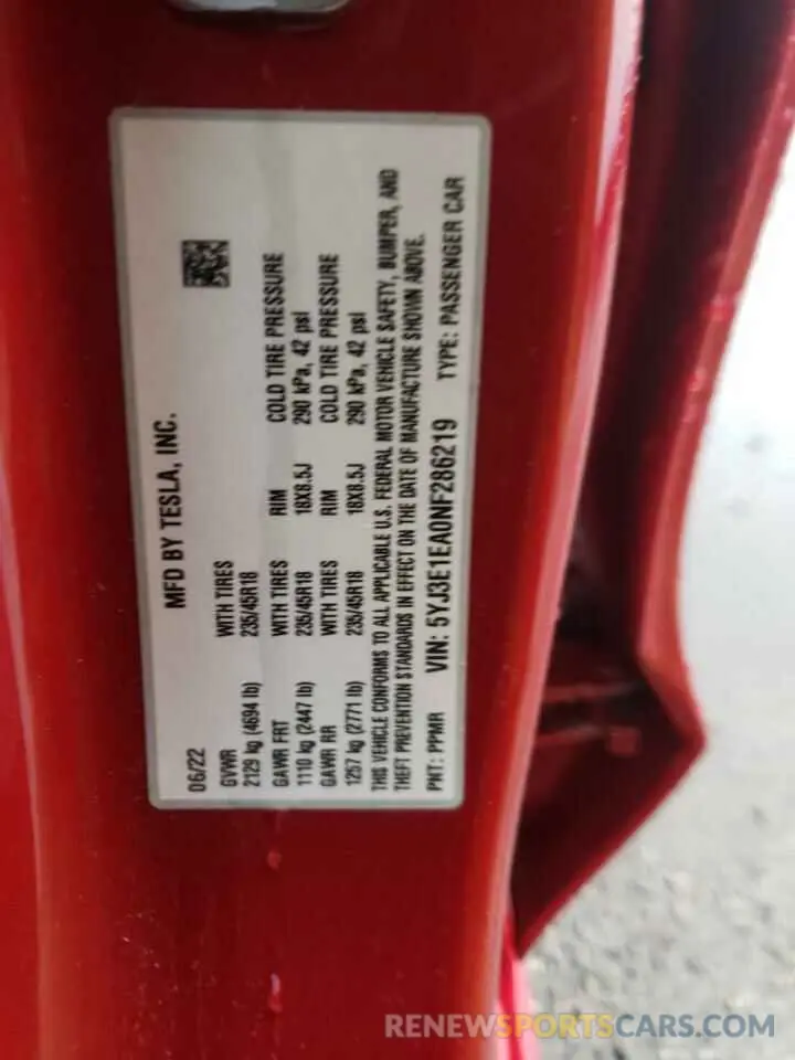 12 Photograph of a damaged car 5YJ3E1EA0NF286219 TESLA MODEL 3 2022