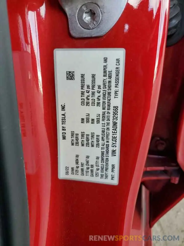 13 Photograph of a damaged car 5YJ3E1EA0NF329568 TESLA MODEL 3 2022