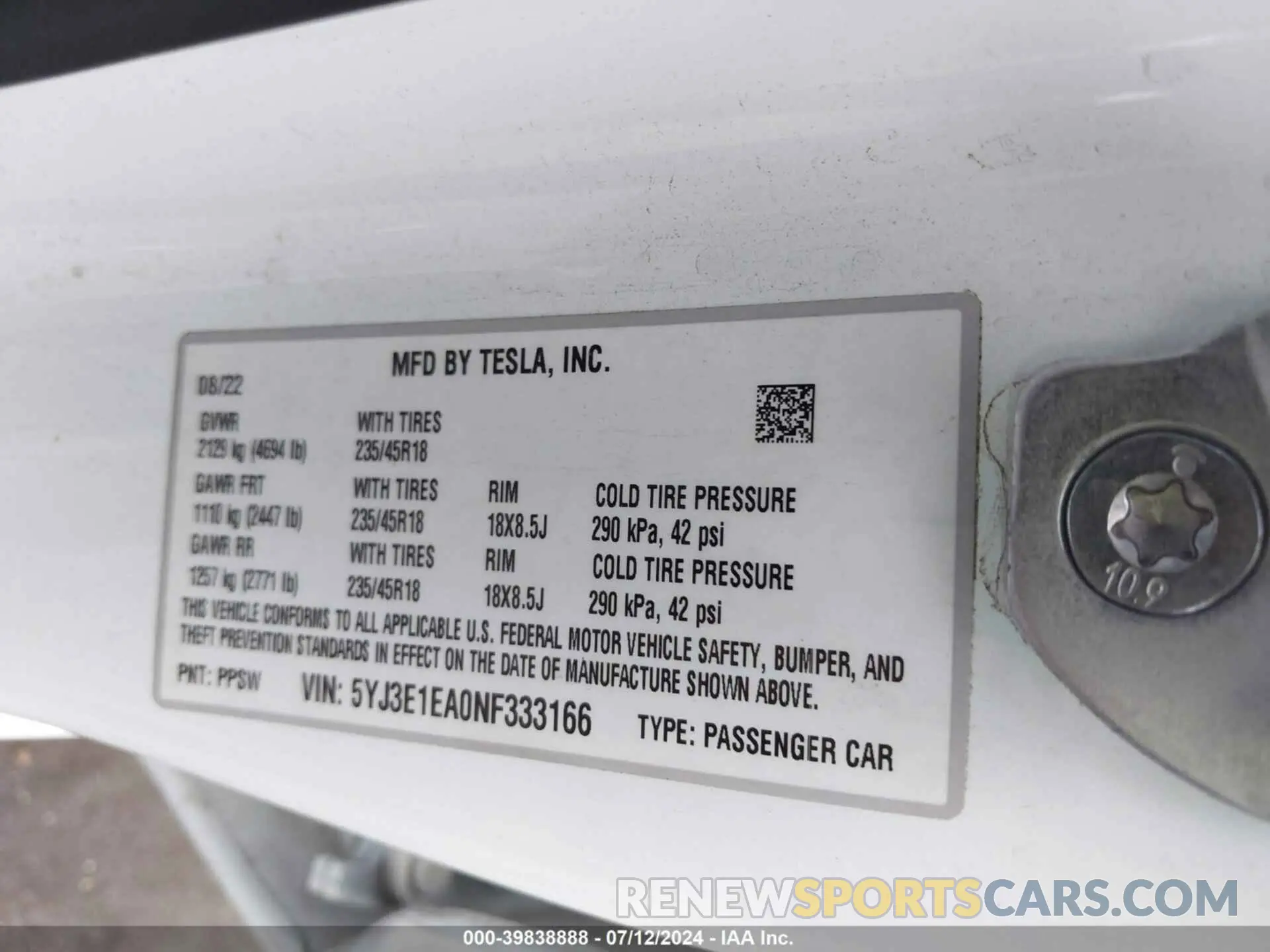 9 Фотография поврежденного автомобиля 5YJ3E1EA0NF333166 TESLA MODEL 3 2022