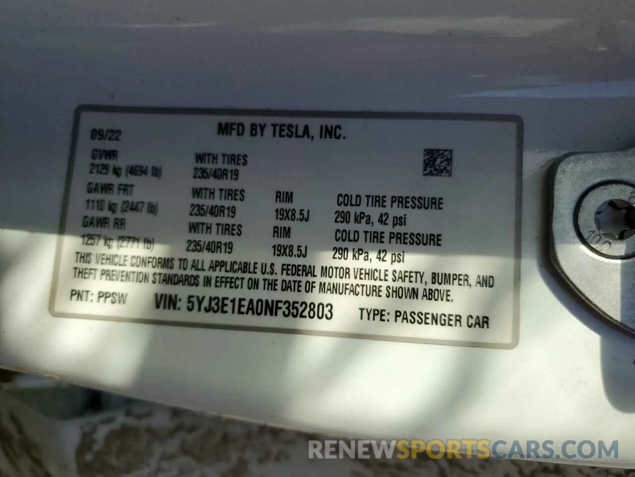 14 Фотография поврежденного автомобиля 5YJ3E1EA0NF352803 TESLA MODEL 3 2022