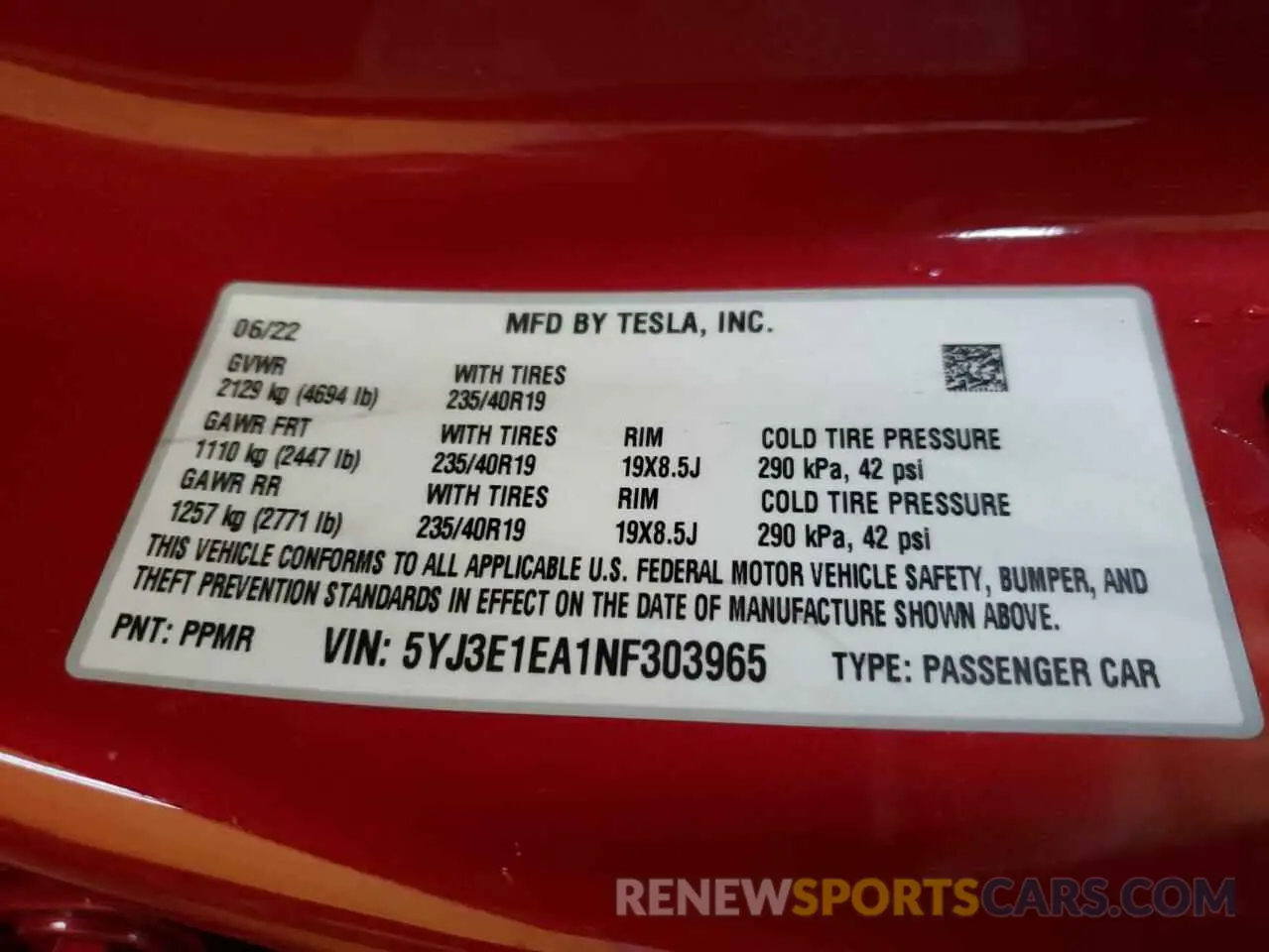 12 Фотография поврежденного автомобиля 5YJ3E1EA1NF303965 TESLA MODEL 3 2022