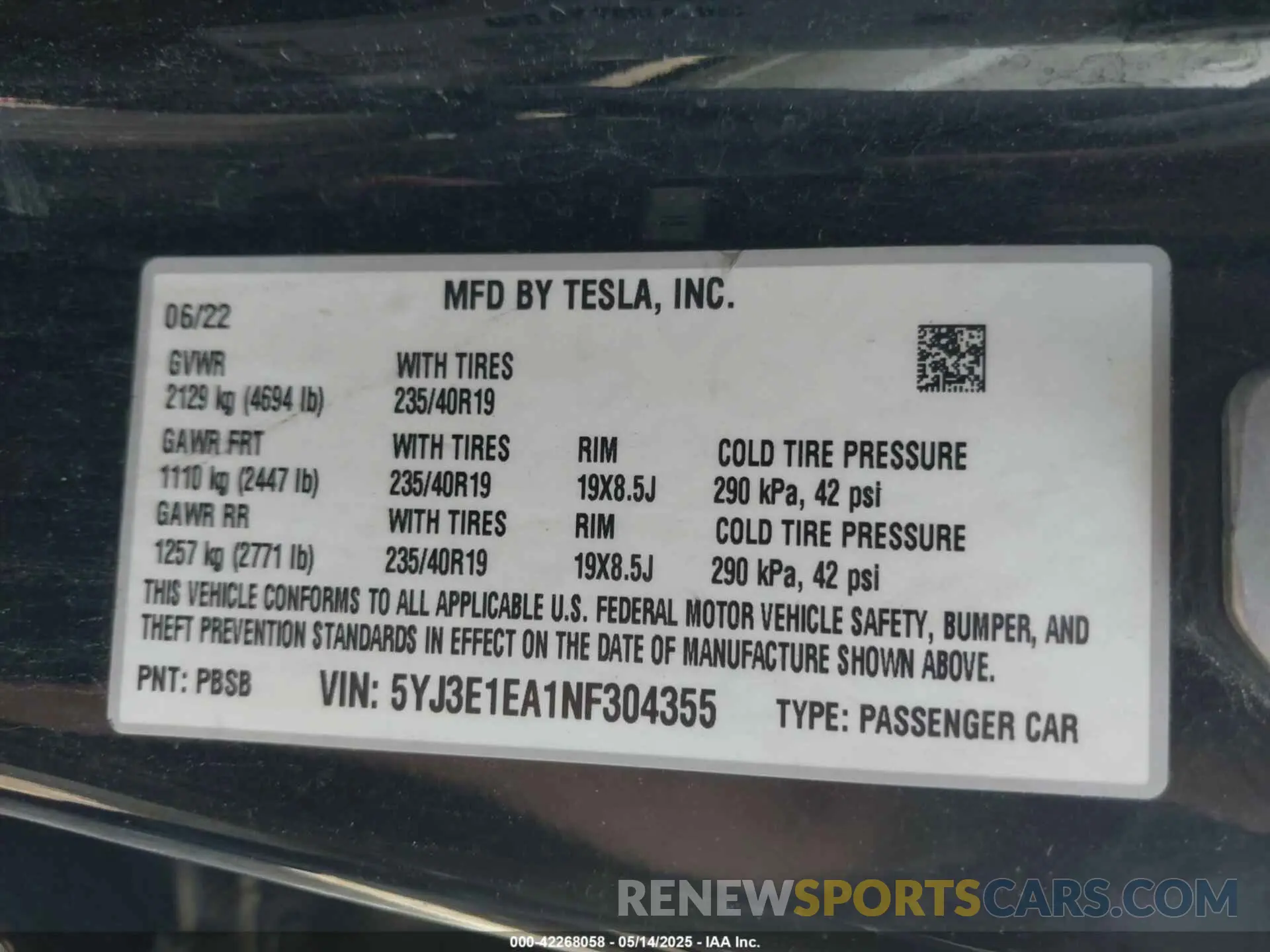 9 Фотография поврежденного автомобиля 5YJ3E1EA1NF304355 TESLA MODEL 3 2022