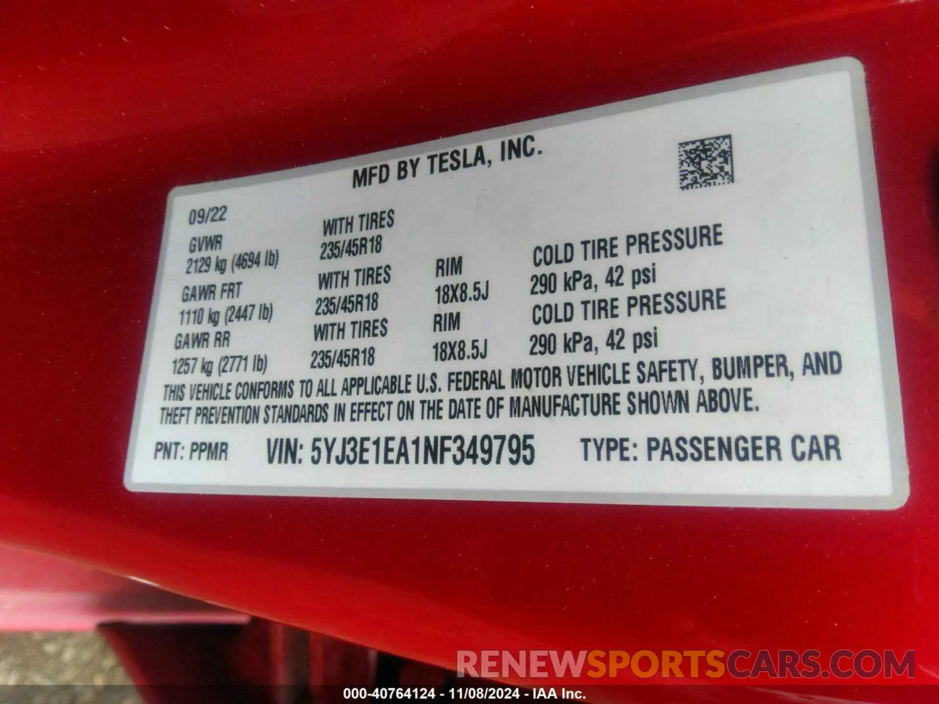 9 Photograph of a damaged car 5YJ3E1EA1NF349795 TESLA MODEL 3 2022