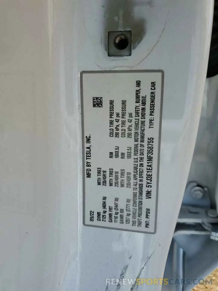 13 Фотография поврежденного автомобиля 5YJ3E1EA1NF358755 TESLA MODEL 3 2022