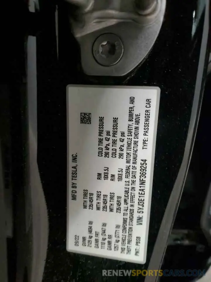 12 Фотография поврежденного автомобиля 5YJ3E1EA1NF369254 TESLA MODEL 3 2022