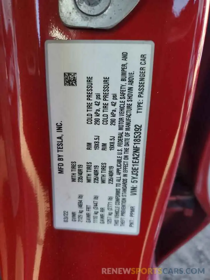 15 Photograph of a damaged car 5YJ3E1EA2NF185392 TESLA MODEL 3 2022
