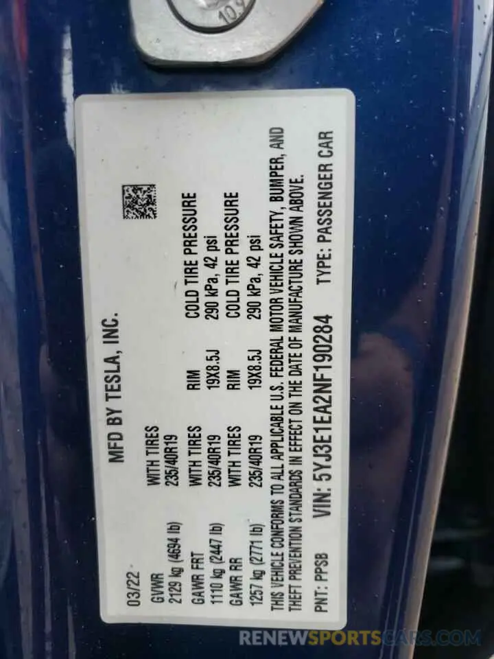 14 Photograph of a damaged car 5YJ3E1EA2NF190284 TESLA MODEL 3 2022