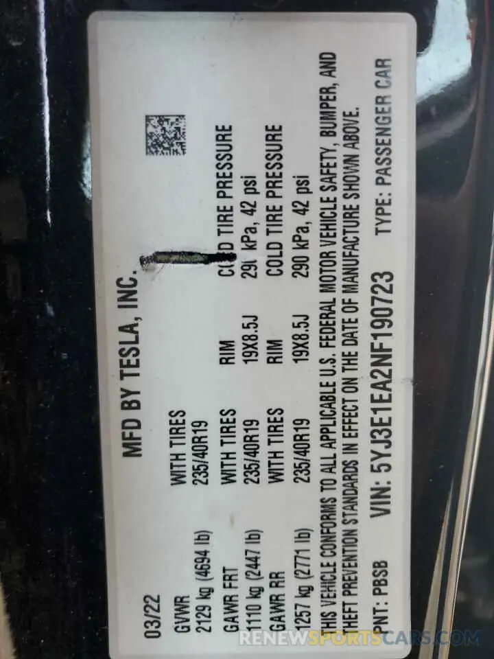 13 Photograph of a damaged car 5YJ3E1EA2NF190723 TESLA MODEL 3 2022